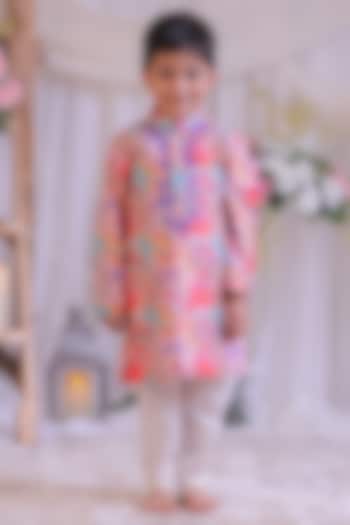 Multi-Colored Pure Silk Muslin Abla Embroidered Kurta Set For Boys by Li'l Angels at Pernia's Pop Up Shop