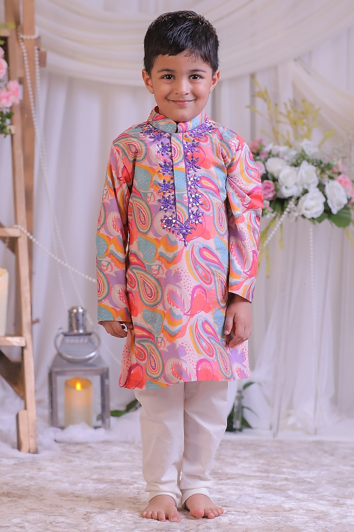 Multi-Colored Pure Silk Muslin Abla Embroidered Kurta Set For Boys by Li'l Angels at Pernia's Pop Up Shop