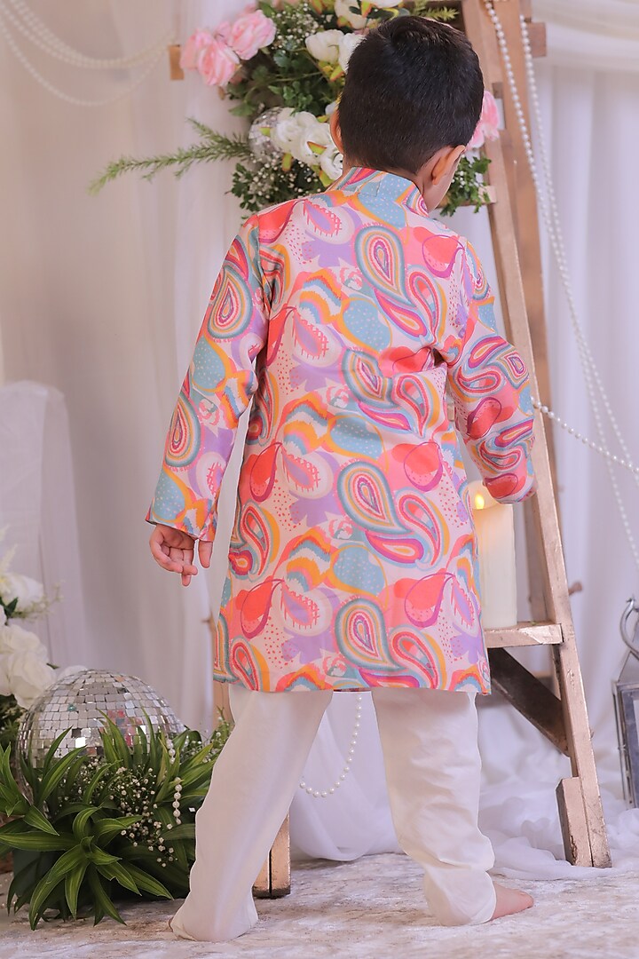 Multi-Colored Pure Silk Muslin Abla Embroidered Kurta Set For Boys by Li'l Angels at Pernia's Pop Up Shop