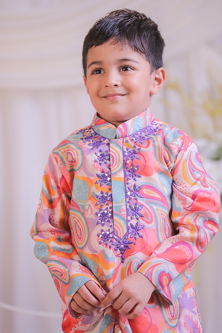 Multi-Colored Pure Silk Muslin Abla Embroidered Kurta Set For Boys by Li'l Angels at Pernia's Pop Up Shop