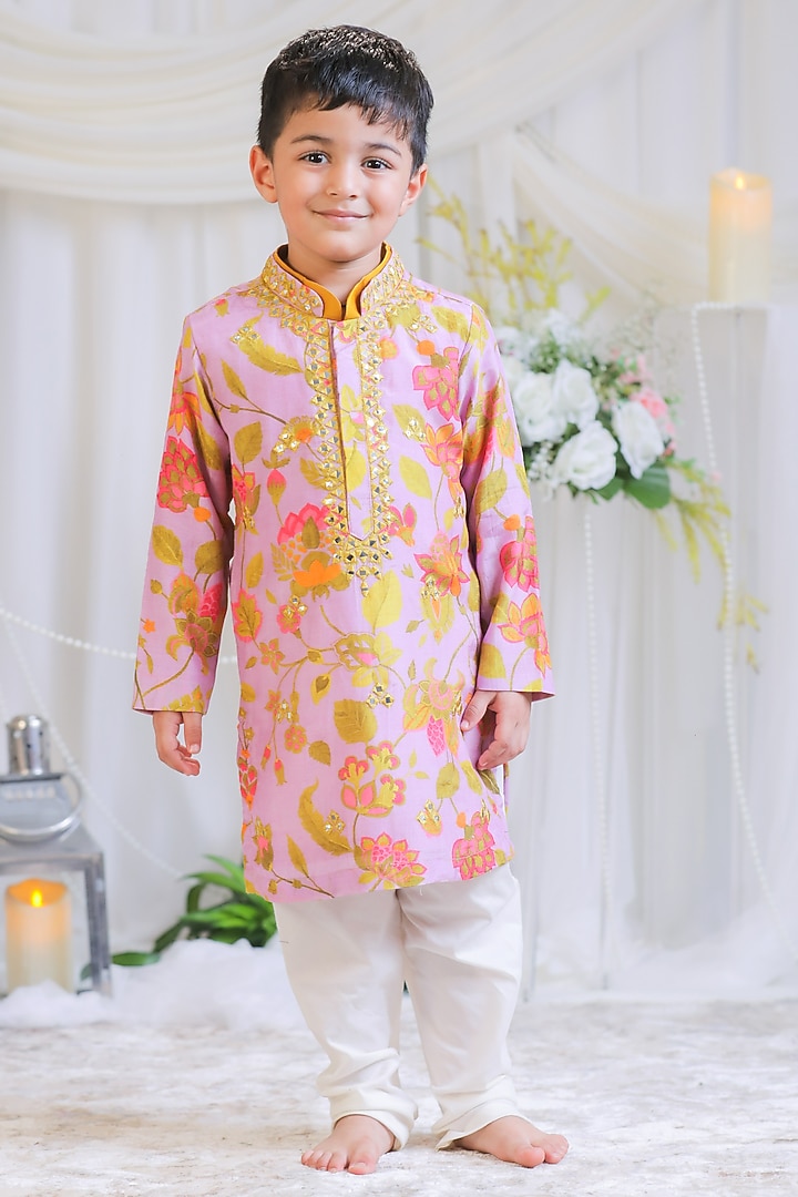 Lilac Pure Silk Muslin Printed Kurta Set For Boys by Li'l Angels at Pernia's Pop Up Shop