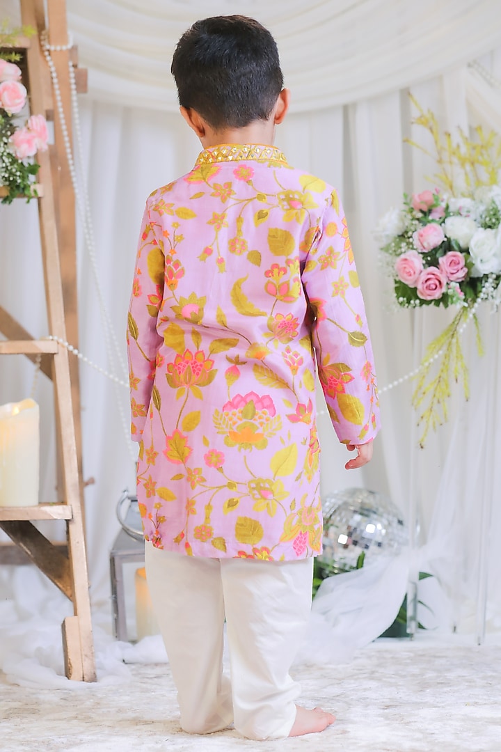Lilac Pure Silk Muslin Printed Kurta Set For Boys by Li'l Angels at Pernia's Pop Up Shop