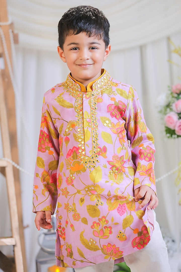Lilac Pure Silk Muslin Printed Kurta Set For Boys by Li'l Angels at Pernia's Pop Up Shop