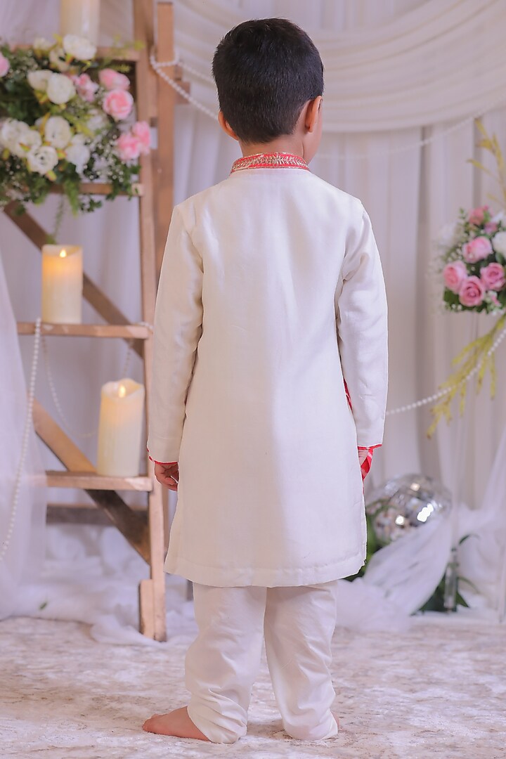 Red & White Roman Silk Bandhej Work Kurta Set For Boys by Li'l Angels at Pernia's Pop Up Shop