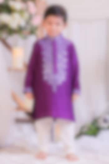 Purple Roman Silk Mirror Work Kurta Set For Boys by Li'l Angels at Pernia's Pop Up Shop