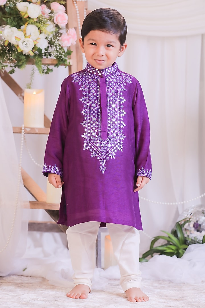 Purple Roman Silk Mirror Work Kurta Set For Boys by Li'l Angels at Pernia's Pop Up Shop