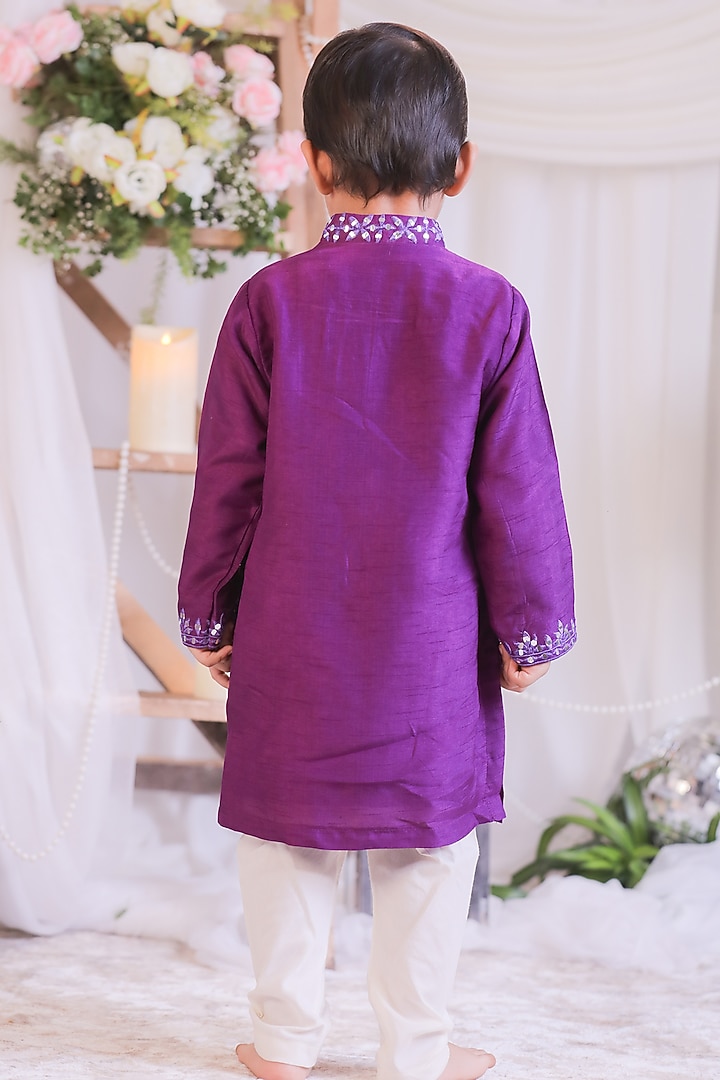 Purple Roman Silk Mirror Work Kurta Set For Boys by Li'l Angels at Pernia's Pop Up Shop