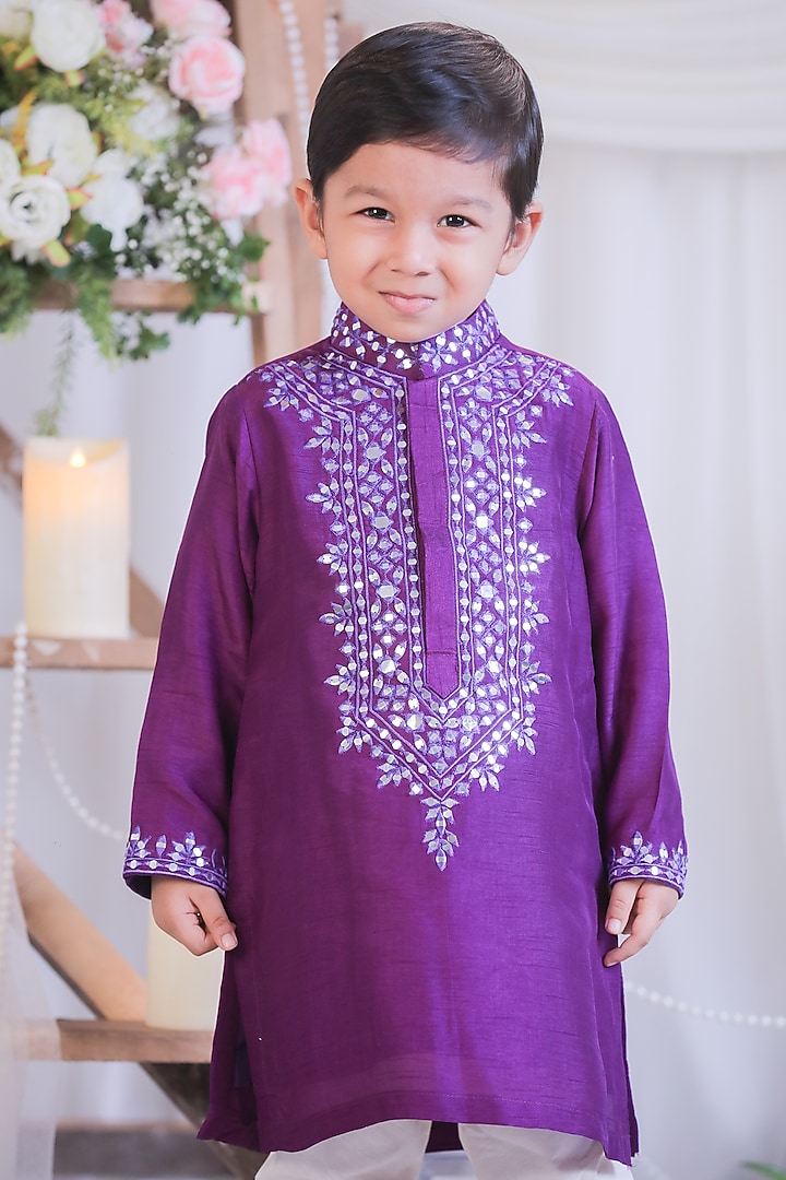 Purple Roman Silk Mirror Work Kurta Set For Boys by Li'l Angels at Pernia's Pop Up Shop