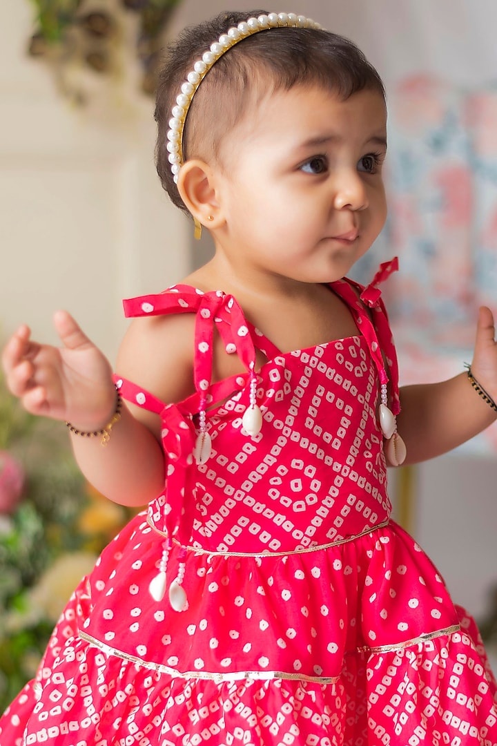 Pink Bandhej Printed Frock Dress For Girls by Li'l Angels at