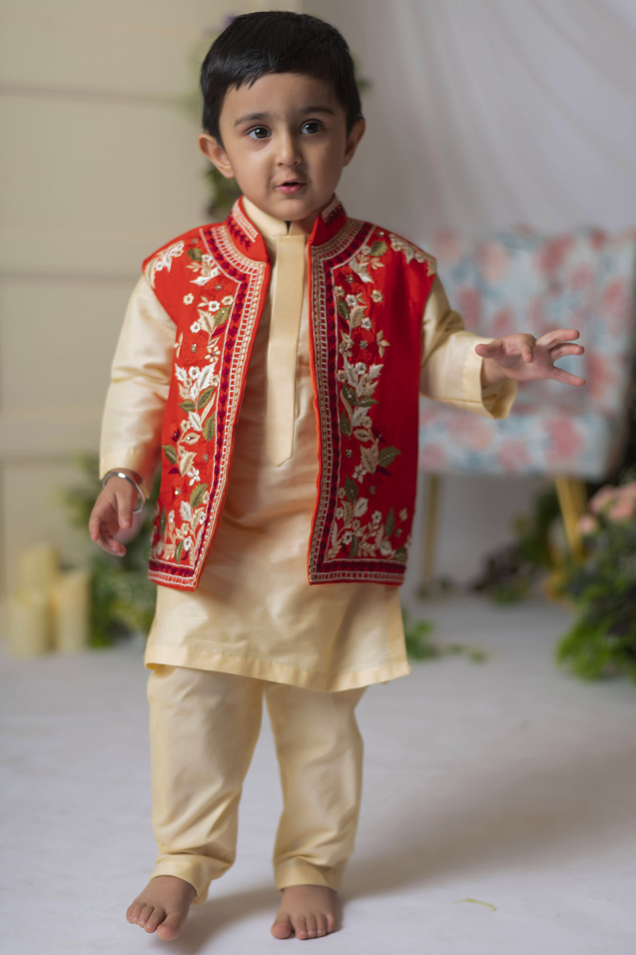 Red Embroidered Bundi Jacket With Kurta Set For Boys by Li'l Angels at Pernia's Pop Up Shop