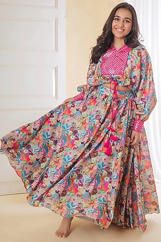 Multi-Coloured Printed Lehenga Set For Girls by Li'l Angels