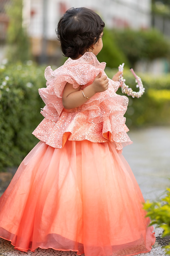 Peach Organza Lehenga Set For Girls by Li'l Angels at Pernia's Pop Up Shop