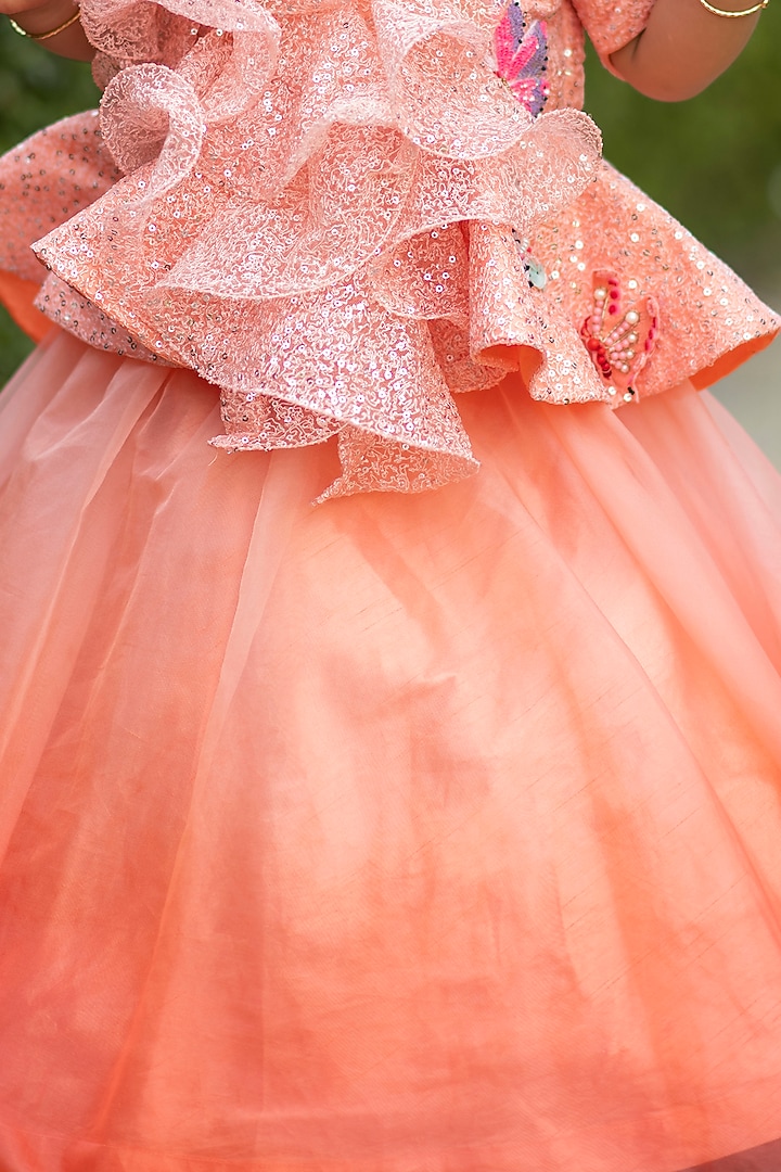 Peach Organza Lehenga Set For Girls by Li'l Angels at Pernia's Pop Up Shop