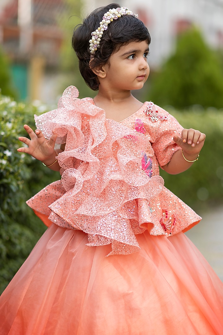 Peach Organza Lehenga Set For Girls by Li'l Angels at Pernia's Pop Up Shop