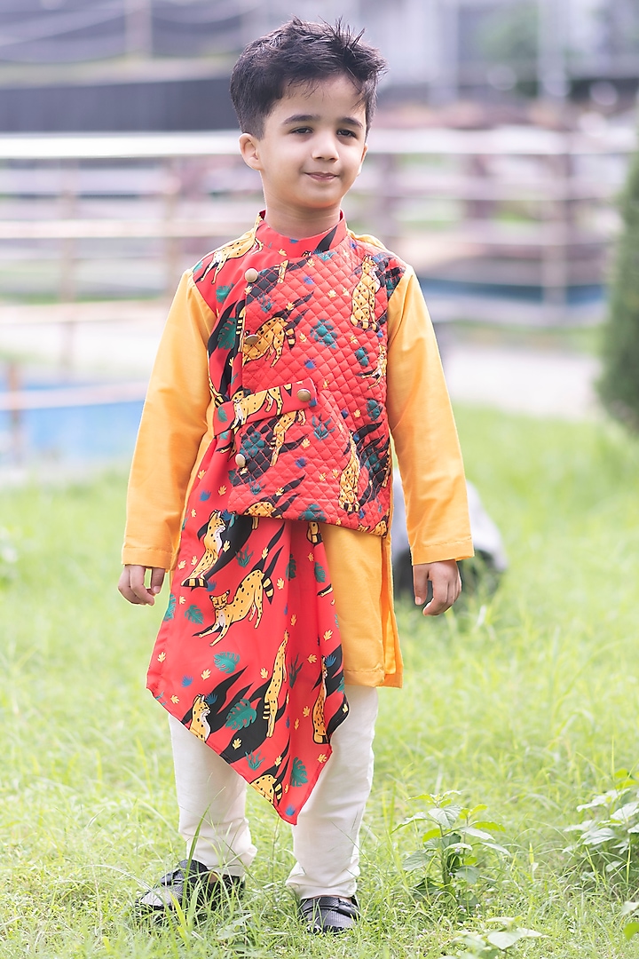 Yellow & Red Crepe Draped Kurta Set For Boys by Li'l Angels