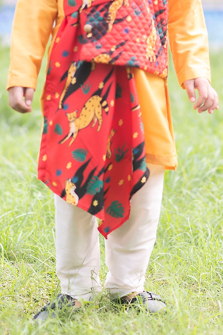 Yellow & Red Crepe Draped Kurta Set For Boys by Li'l Angels at Pernia's Pop Up Shop