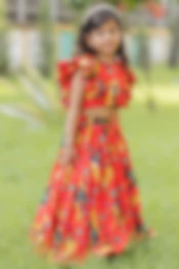 Red Crepe Lehenga Set For Girls by Li'l Angels at Pernia's Pop Up Shop