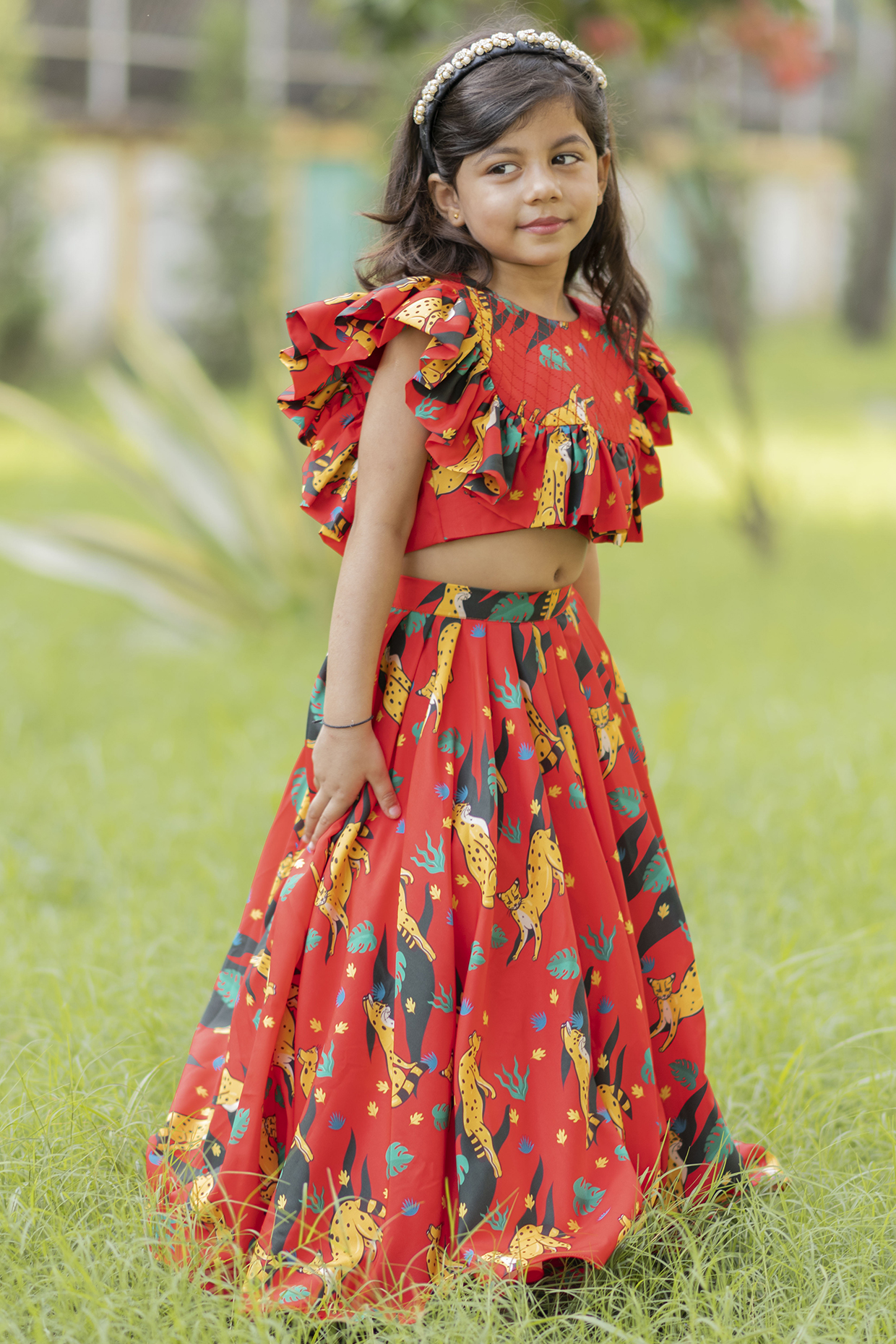 Red Crepe Lehenga Set For Girls by Li'l Angels at Pernia's Pop Up Shop