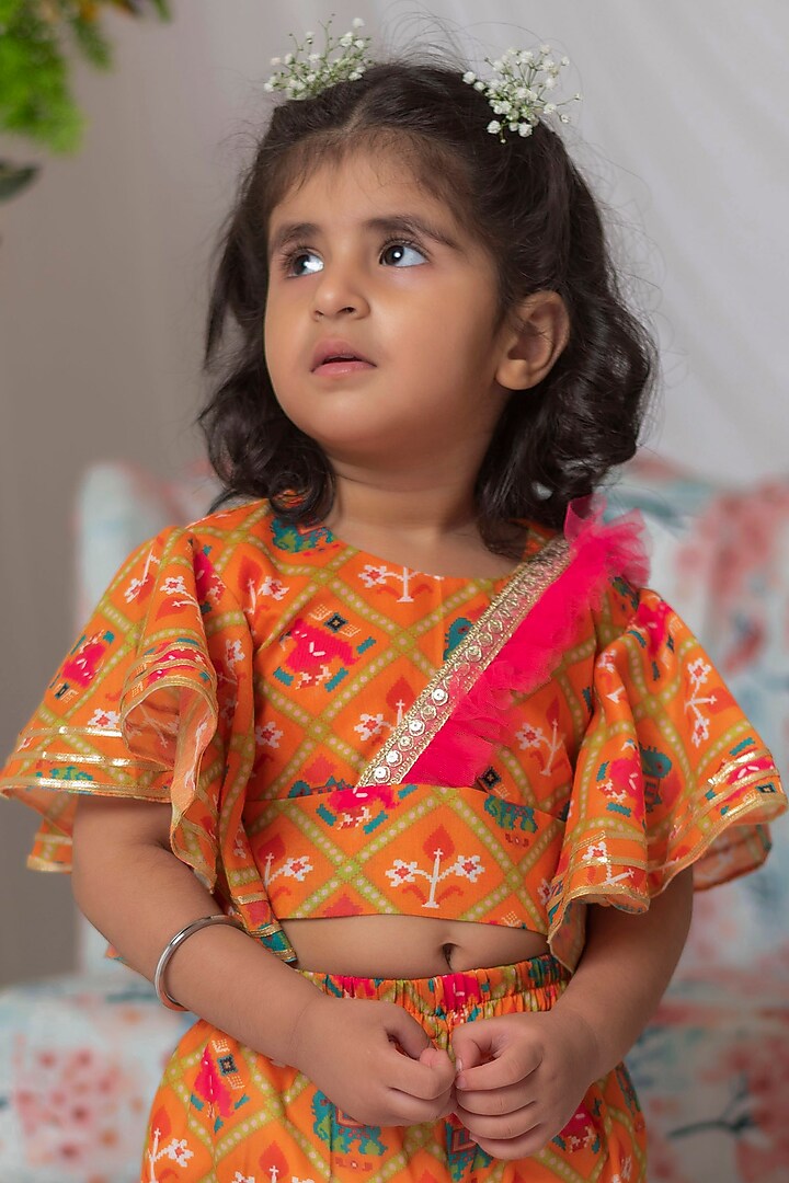 Orange Printed Pant Set For Girls by Li'l Angels at Pernia's Pop Up Shop
