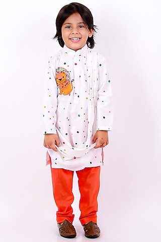 White Printed Kurta Set For Boys by Li'l Angels