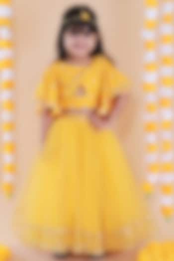 Yellow Net Lehenga Set For Girls by Li'l Angels