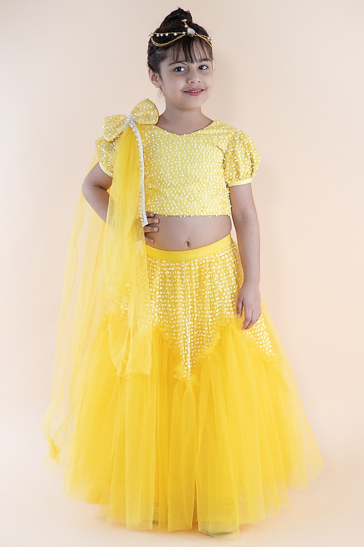 Yellow Dupion Silk Lehenga Set For Girls by Li'l Angels