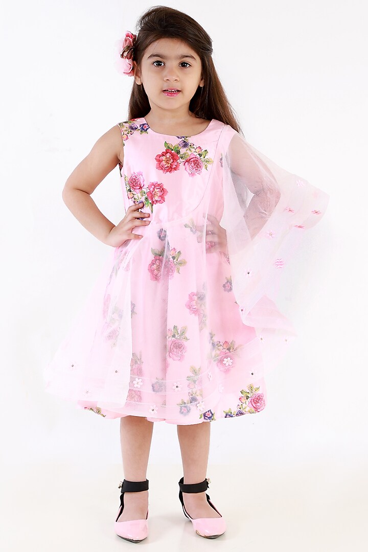 Pink Floral Printed Dress For Girls by Li'l Angels