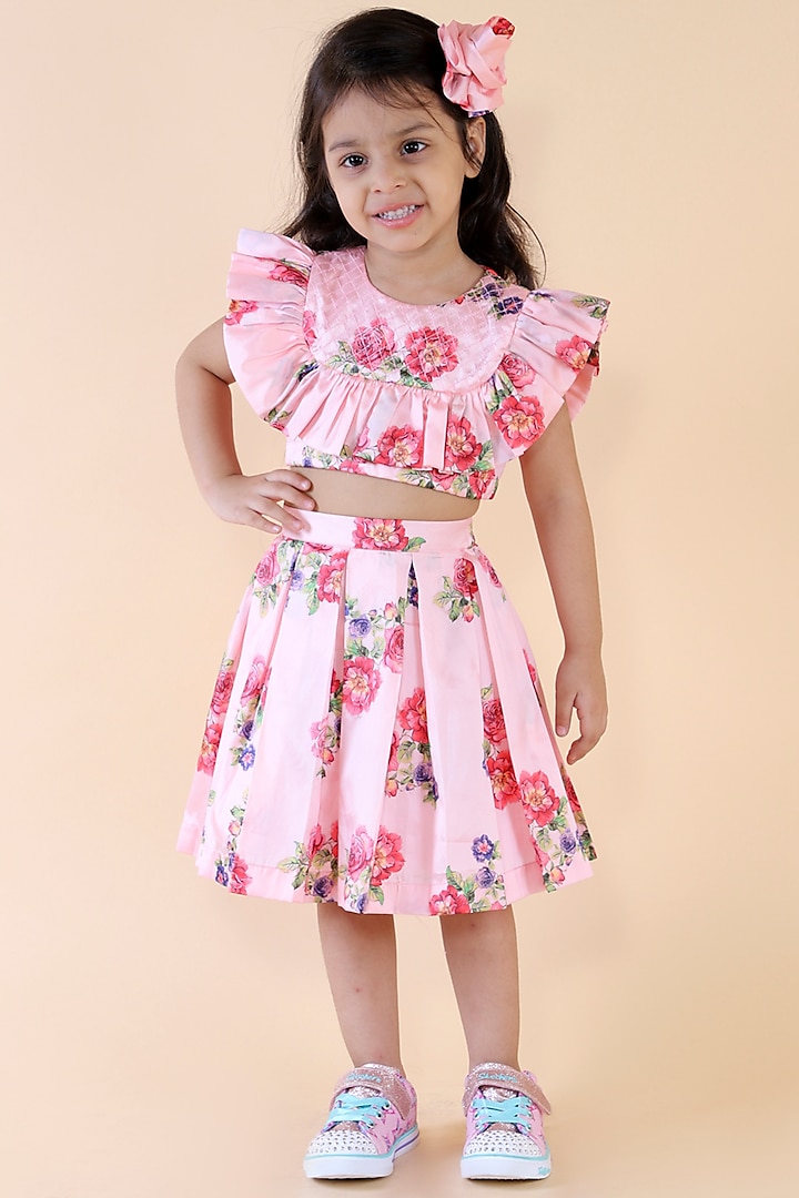Pink Floral Printed Skirt Set For Girls by Li'l Angels