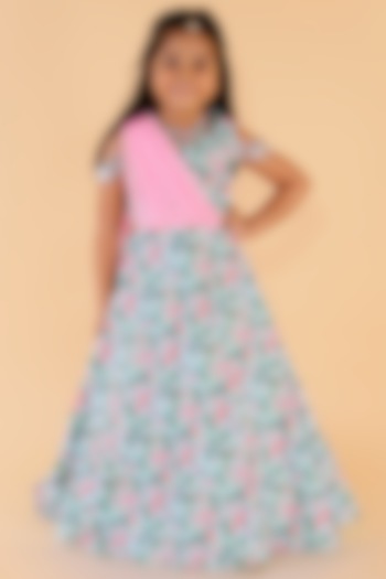 Powder Blue & Pink Crepe Gown For Girls by Li'l Angels