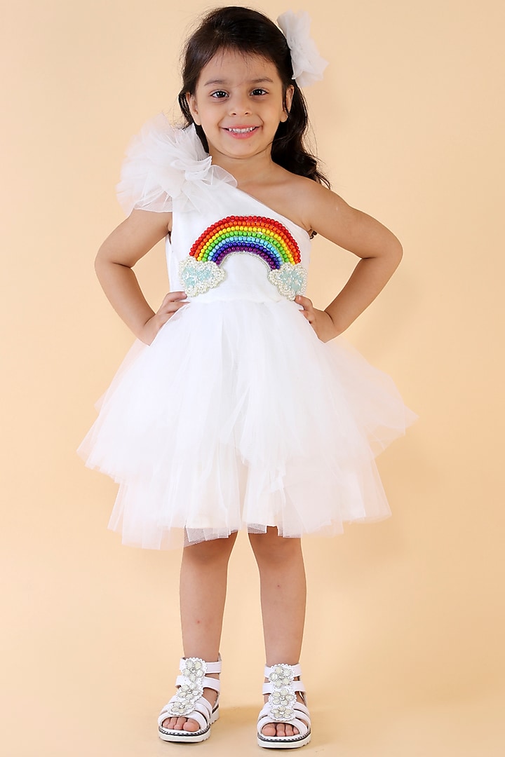 White Embroidered Dress For Girls by Li'l Angels