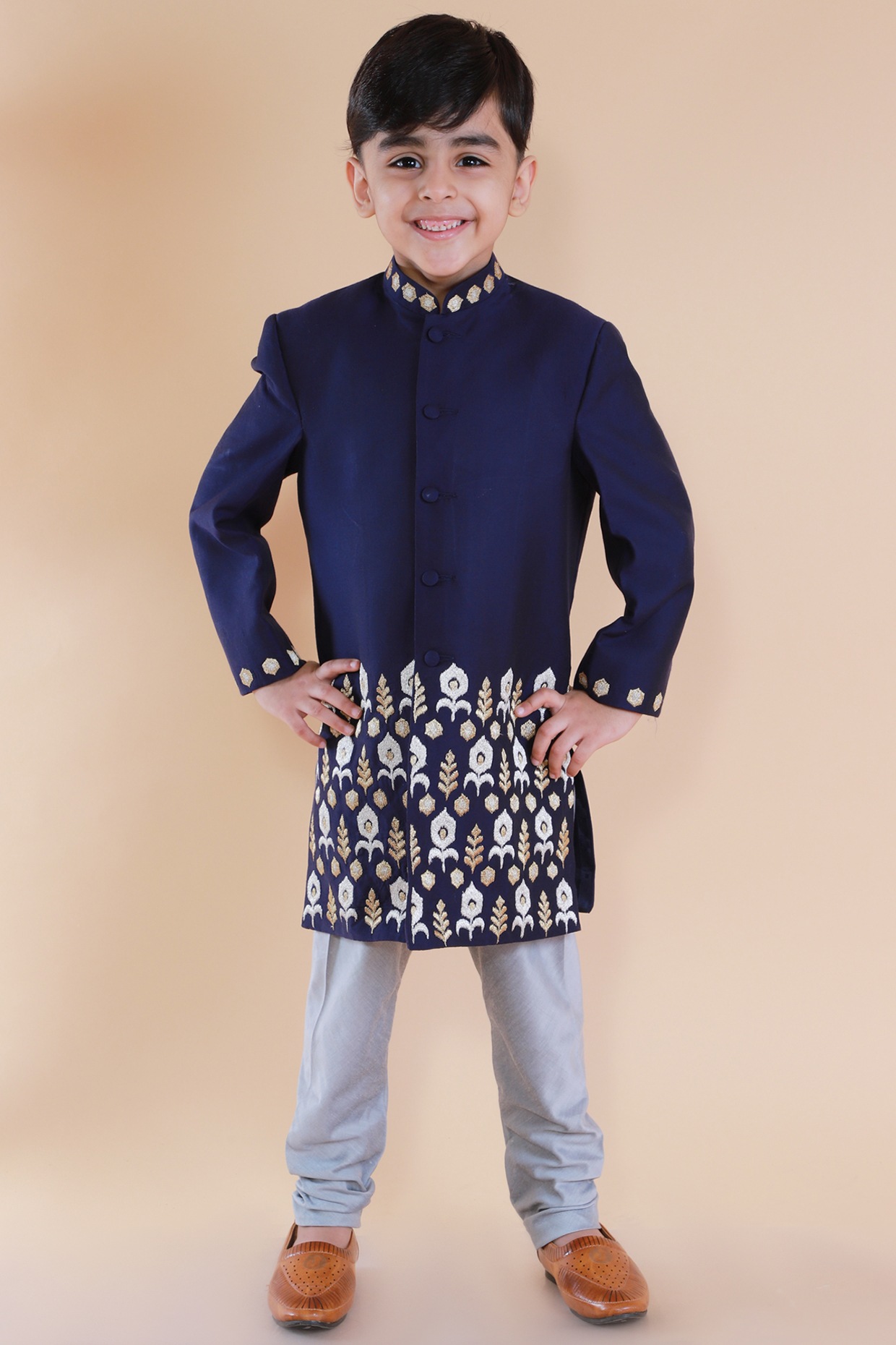 Babyhug Full Sleeves Embroidered Sherwani Set - Red Blue