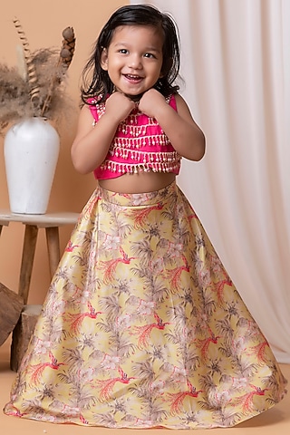 Beige Printed Lehenga Set For Girls by Li'l Angels
