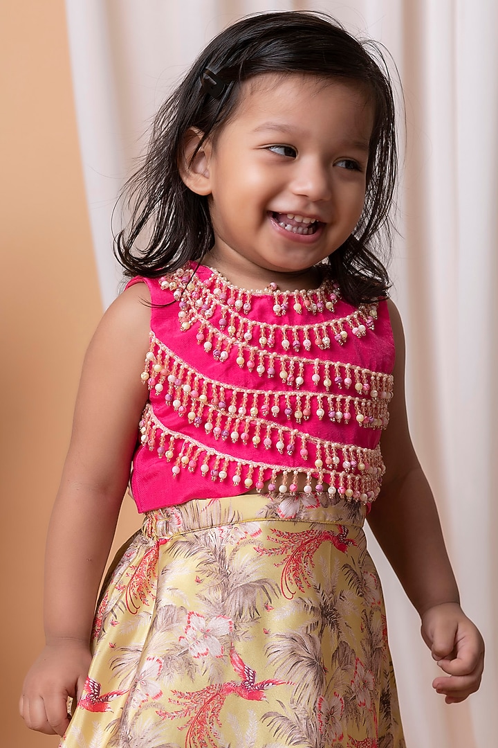 Beige Printed Lehenga Set For Girls by Li'l Angels at Pernia's Pop Up Shop