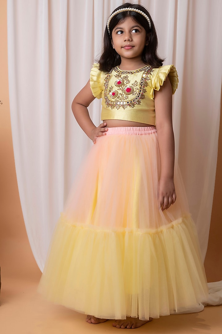 Yellow & Peach Dupion Silk Lehenga Set For Girls by Li'l Angels