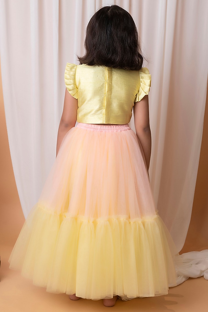 Yellow & Peach Dupion Silk Lehenga Set For Girls by Li'l Angels at Pernia's Pop Up Shop