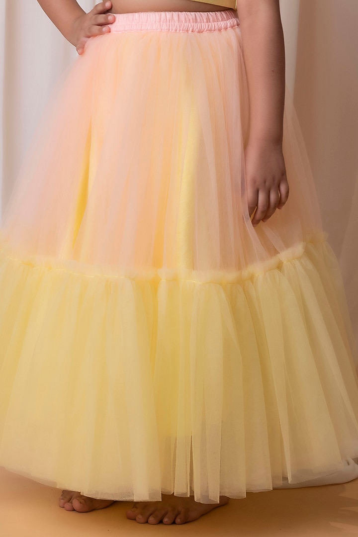 Yellow & Peach Dupion Silk Lehenga Set For Girls by Li'l Angels at Pernia's Pop Up Shop