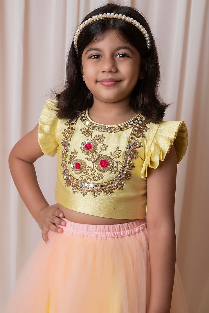 Yellow & Peach Dupion Silk Lehenga Set For Girls by Li'l Angels at Pernia's Pop Up Shop