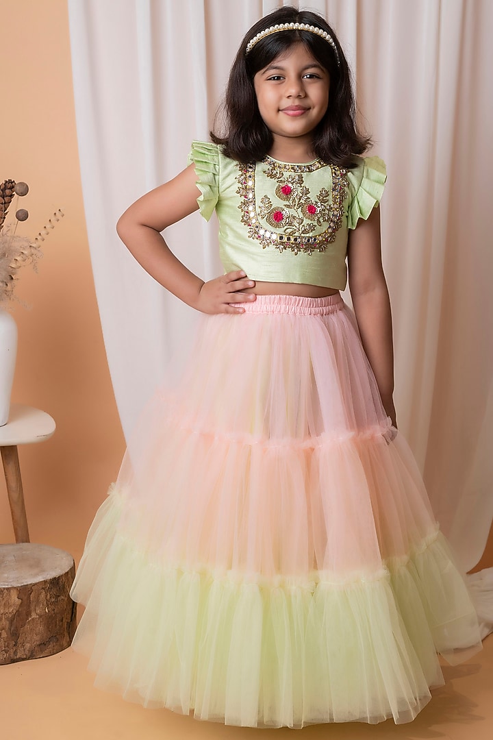 Green & Peach Dupion Silk Lehenga Set For Girls by Li'l Angels at Pernia's Pop Up Shop