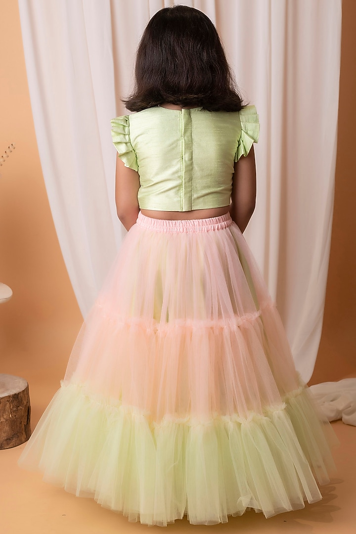 Green & Peach Dupion Silk Lehenga Set For Girls by Li'l Angels at Pernia's Pop Up Shop
