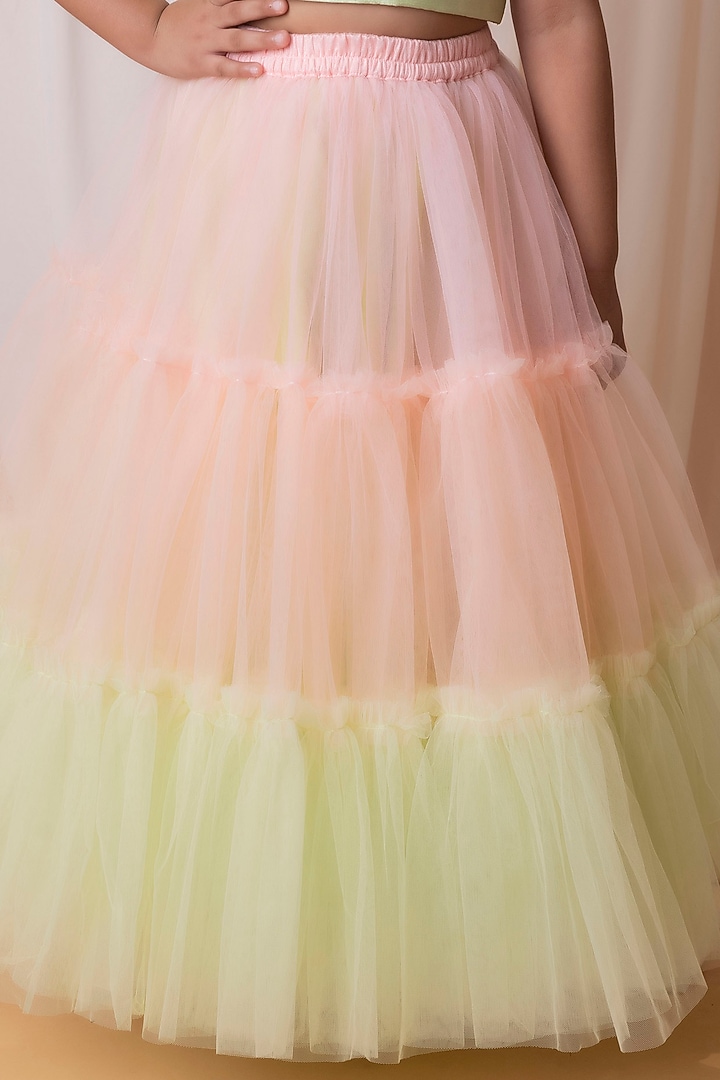Green & Peach Dupion Silk Lehenga Set For Girls by Li'l Angels at Pernia's Pop Up Shop