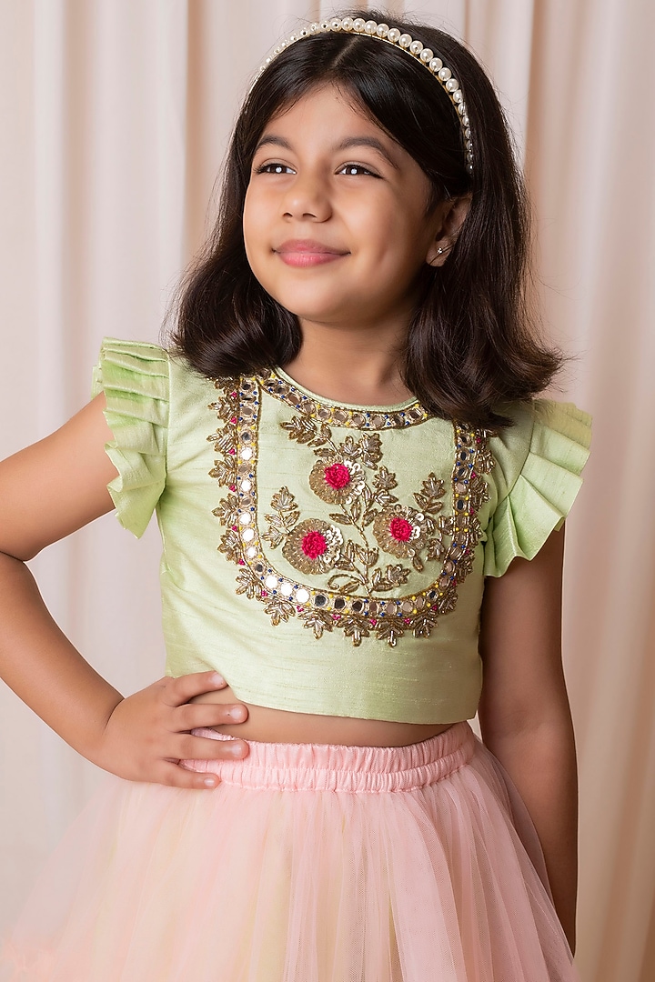 Green & Peach Dupion Silk Lehenga Set For Girls by Li'l Angels at Pernia's Pop Up Shop