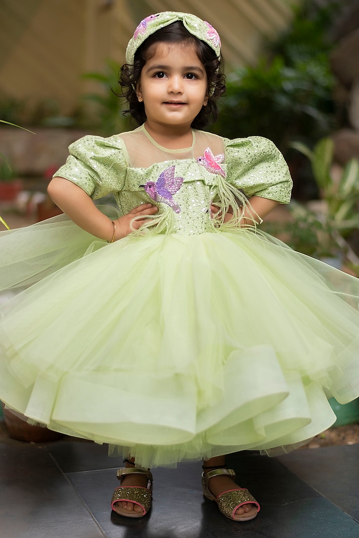 Green Embroidered Dress For Girls by Li'l Angels