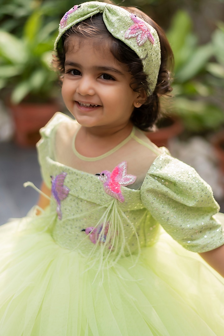 Green Embroidered Dress For Girls by Li'l Angels at Pernia's Pop Up Shop