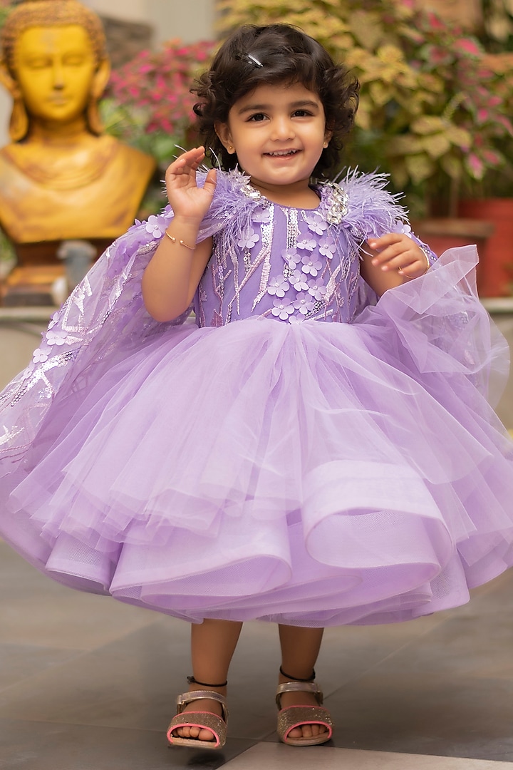 Purple Embroidered Cape Dress For Girls by Li'l Angels