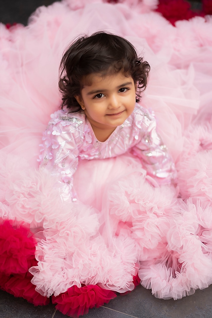 Pink Embroidered 3D Ruffled Gown For Girls by Li'l Angels