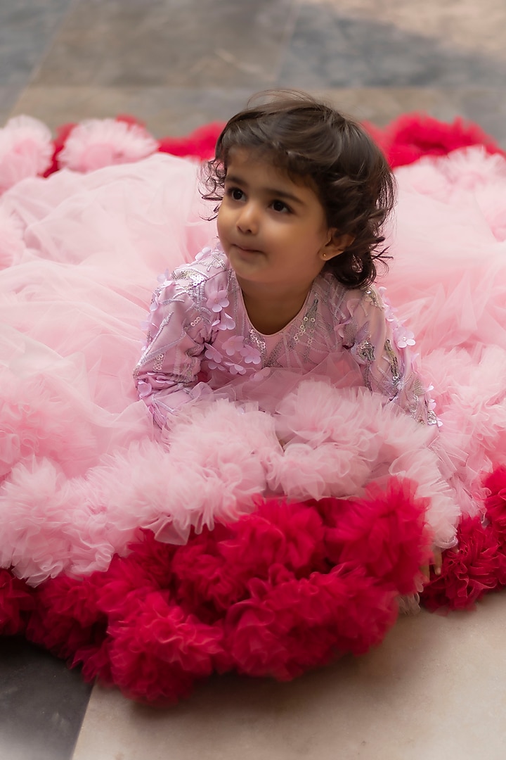 Pink Embroidered 3D Ruffled Gown For Girls by Li'l Angels at Pernia's Pop Up Shop