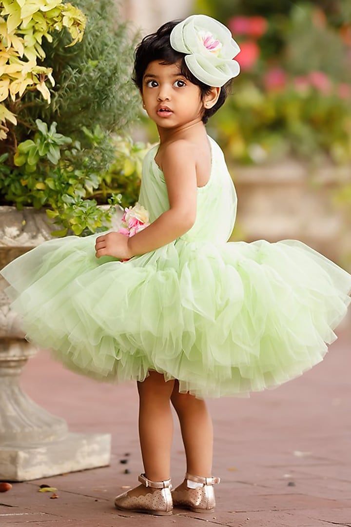 Green Embellished One-Shoulder Dress For Girls by Li'l Angels at Pernia's Pop Up Shop