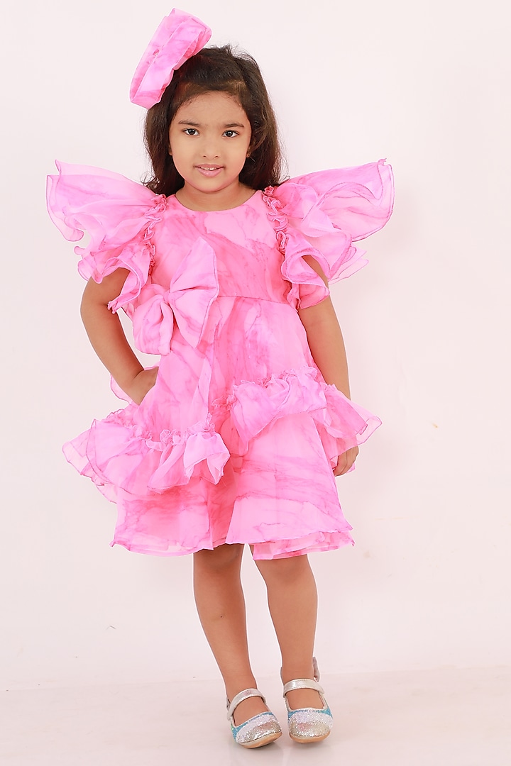 Pink Organza Frilled Dress For Girls by Li'l Angels