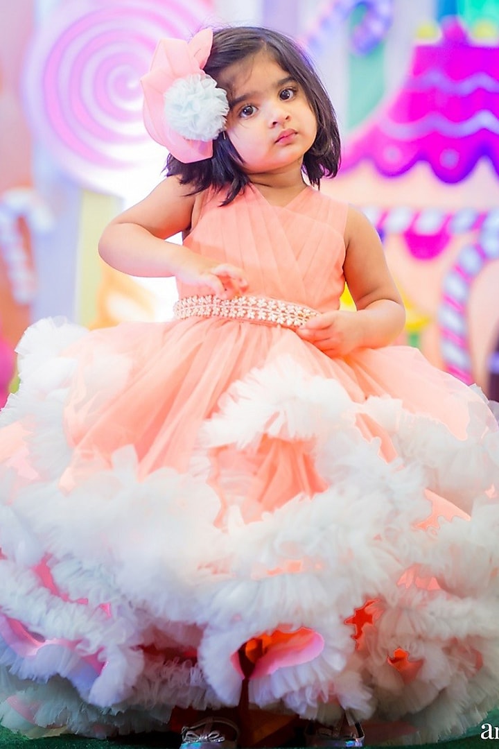 Peach Net & Dupion Gown For Girls by Li'l Angels