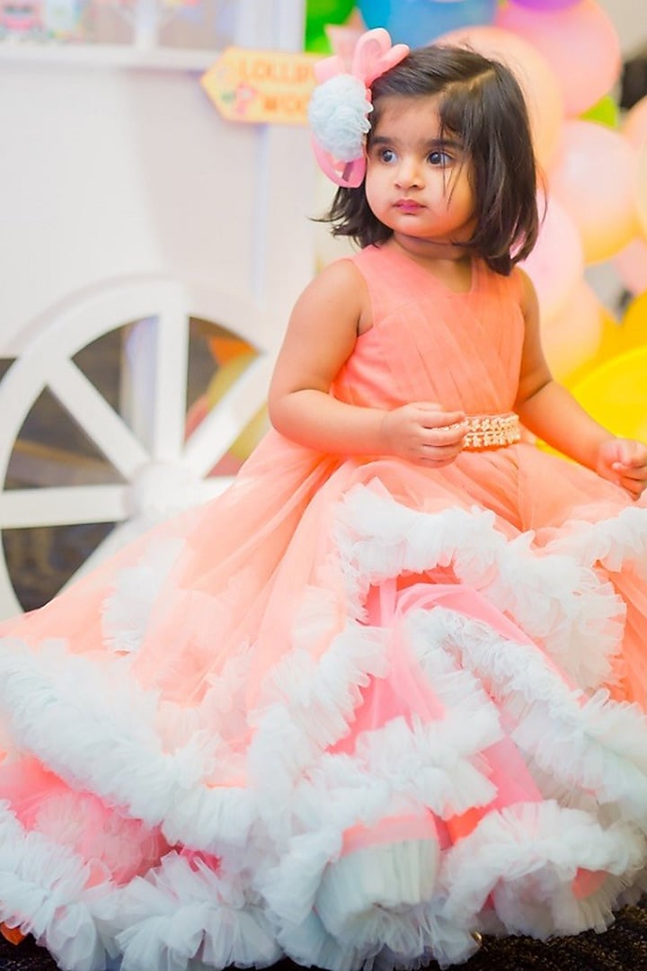 Peach Net & Dupion Gown For Girls by Li'l Angels at Pernia's Pop Up Shop